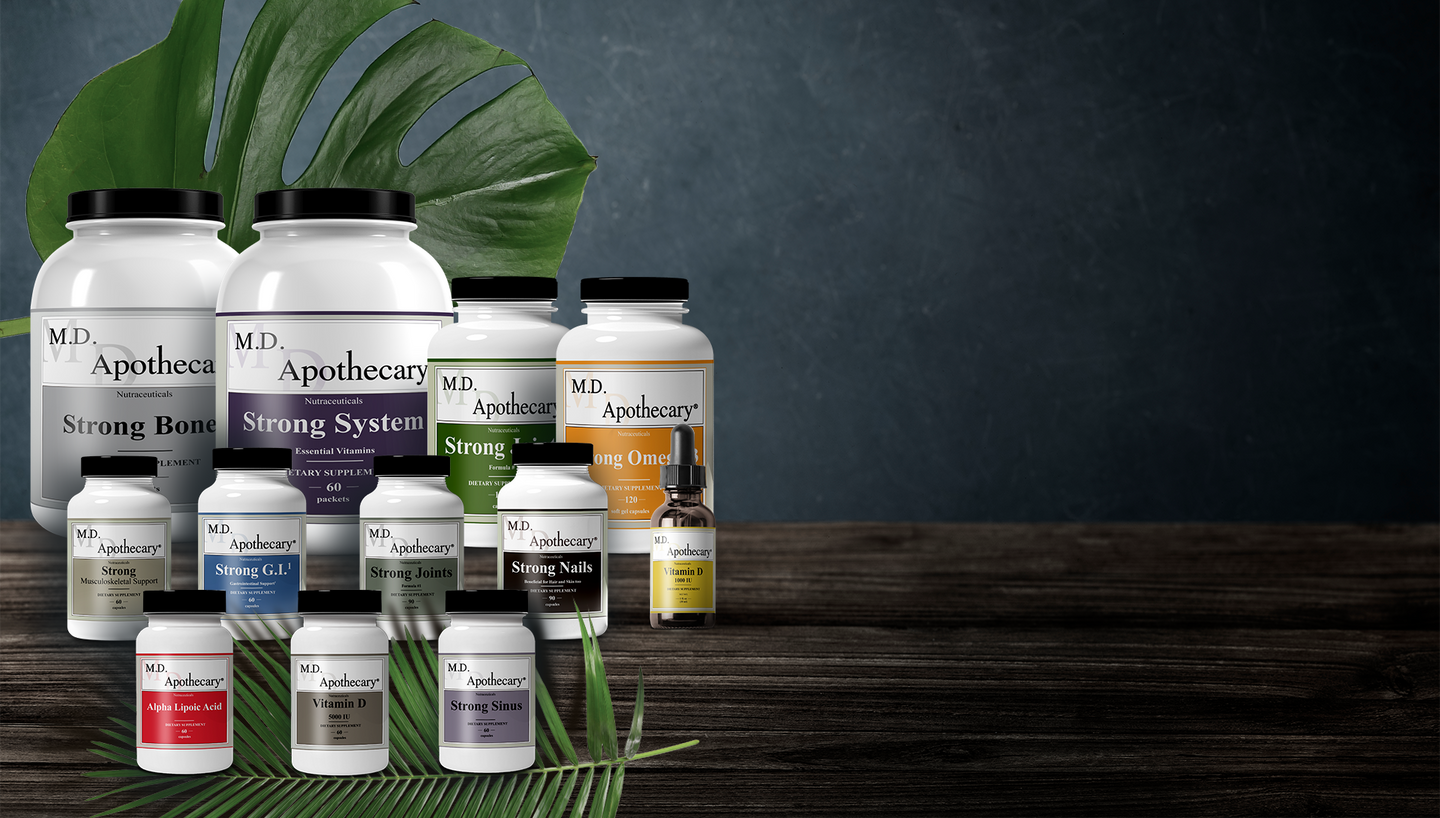 All MD Apothecary Supplements. Contains supplement for bone density, immunity support, anti inflammatory, joint pain relievers, omega 3, Vitamin D and pills for hair and nails health